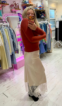 Lace Hem Satin Midi Skirt | Cream