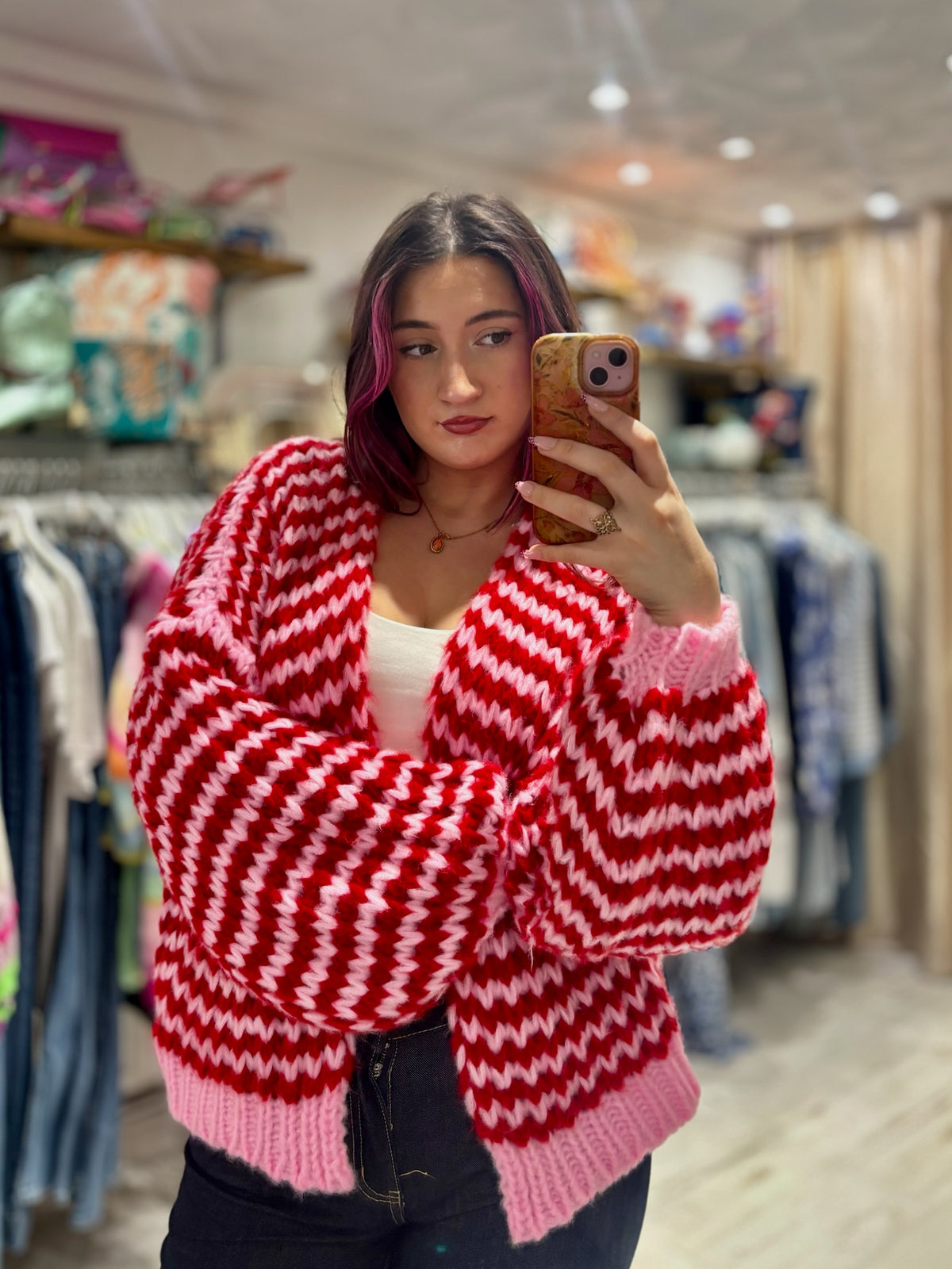 Colourful Chunky Knit Balloon Sleeve Cardigan | Red/Baby Pink