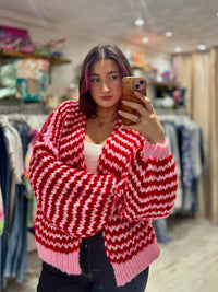 Colourful Chunky Knit Balloon Sleeve Cardigan | Red/Baby Pink