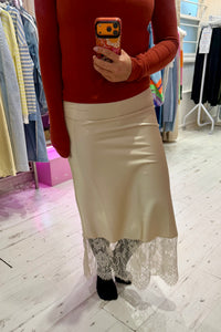 Lace Hem Satin Midi Skirt | Cream