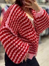 Colourful Chunky Knit Balloon Sleeve Cardigan | Red/Baby Pink