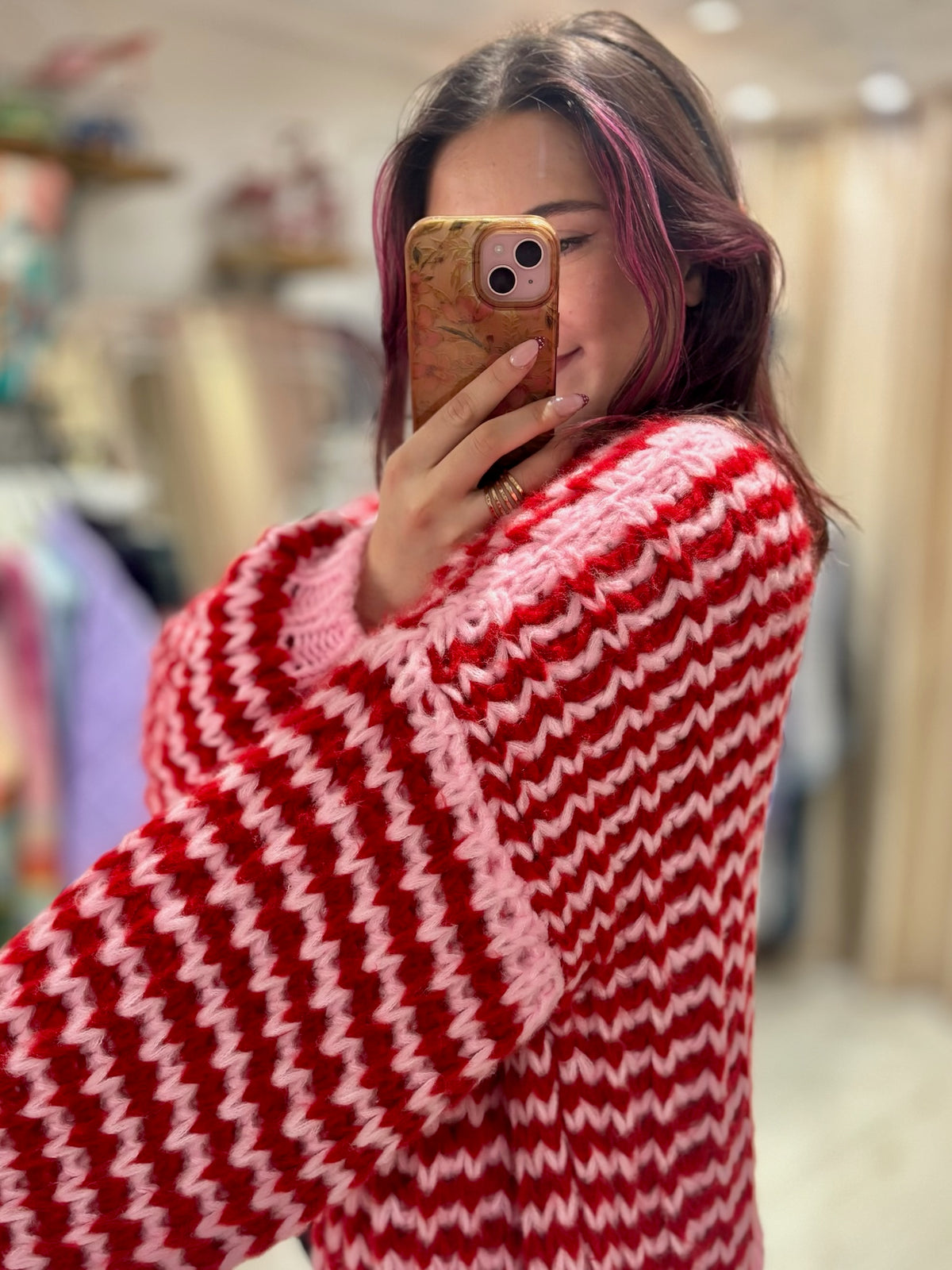 Colourful Chunky Knit Balloon Sleeve Cardigan | Red/Baby Pink