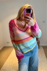 Rainbow Stripe Lightweight V-neck Jumper | Multi