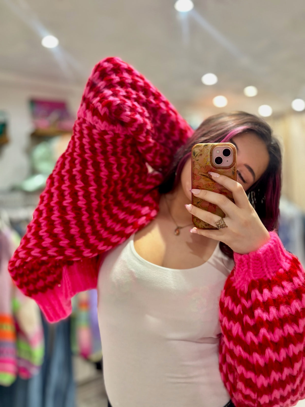 Colourful Chunky Knit Balloon Sleeve Cardigan | Red/Hot Pink