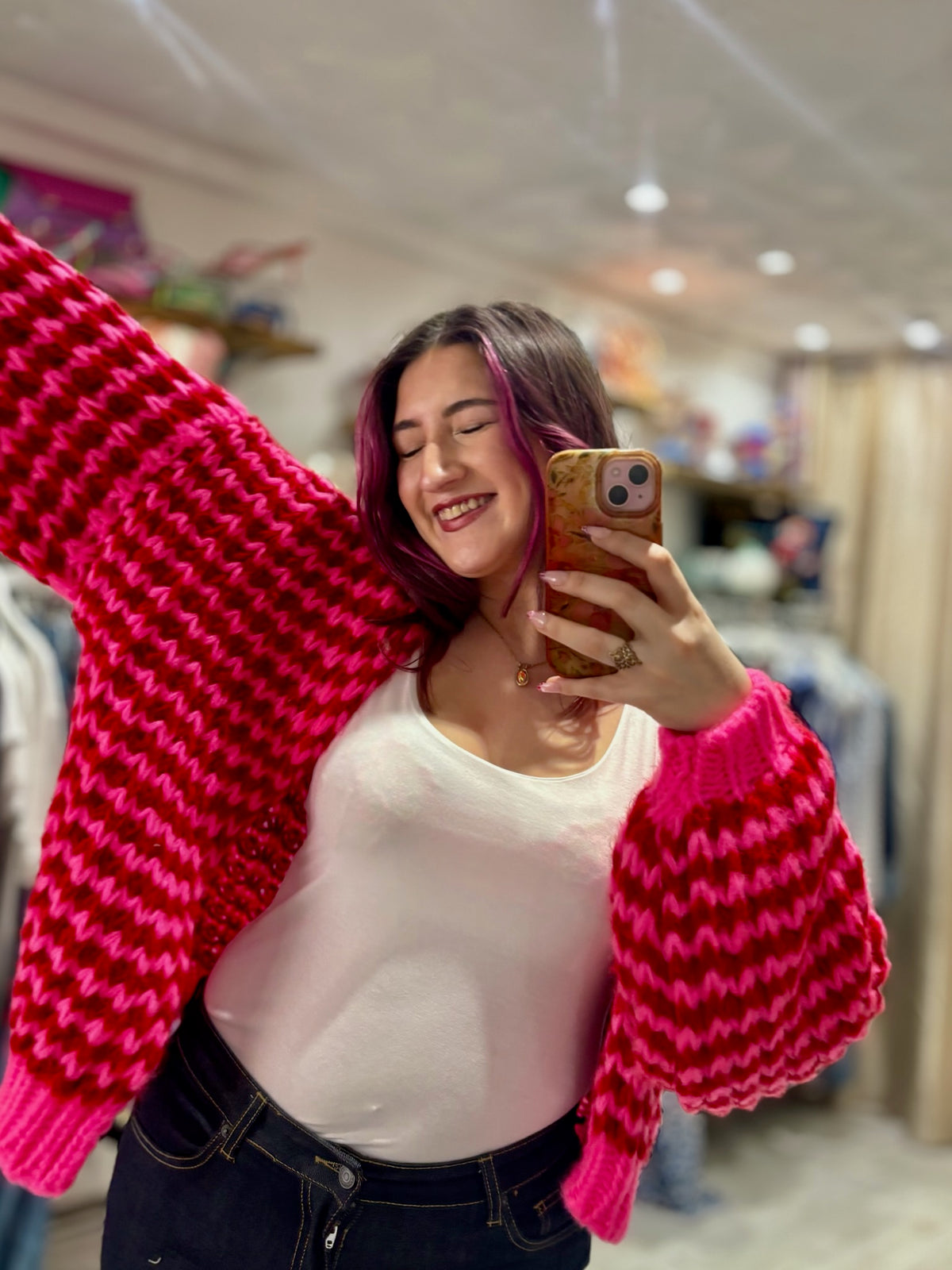 Colourful Chunky Knit Balloon Sleeve Cardigan | Red/Hot Pink