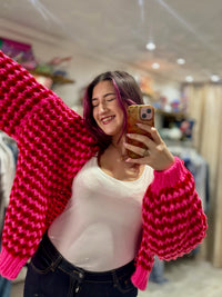 Colourful Chunky Knit Balloon Sleeve Cardigan | Red/Hot Pink