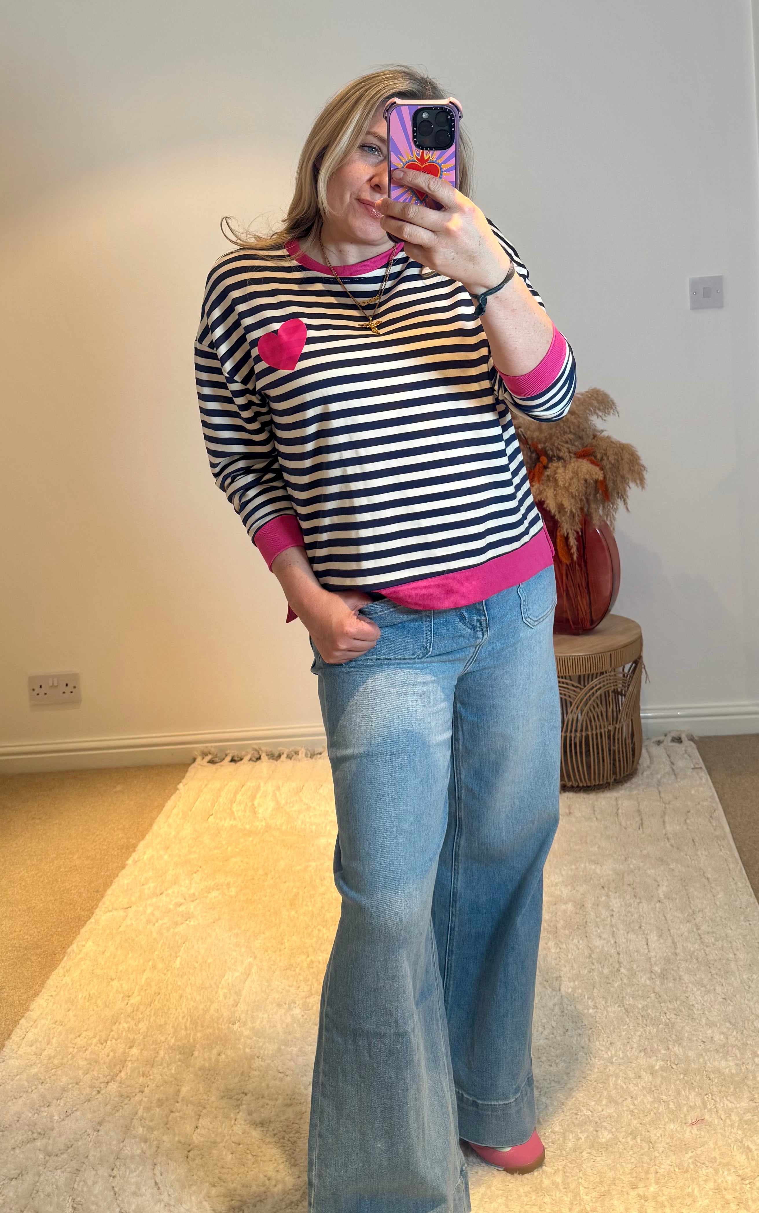 Heart Detail Stripe Sweatshirt | Navy/Pink