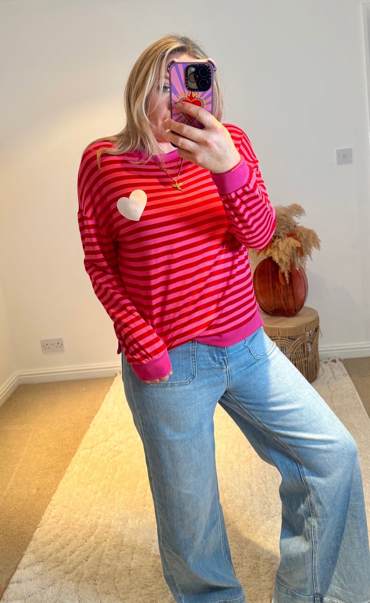 Heart Detail Stripe Sweatshirt | Red/Pink