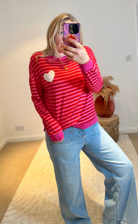 Heart Detail Stripe Sweatshirt | Red/Pink