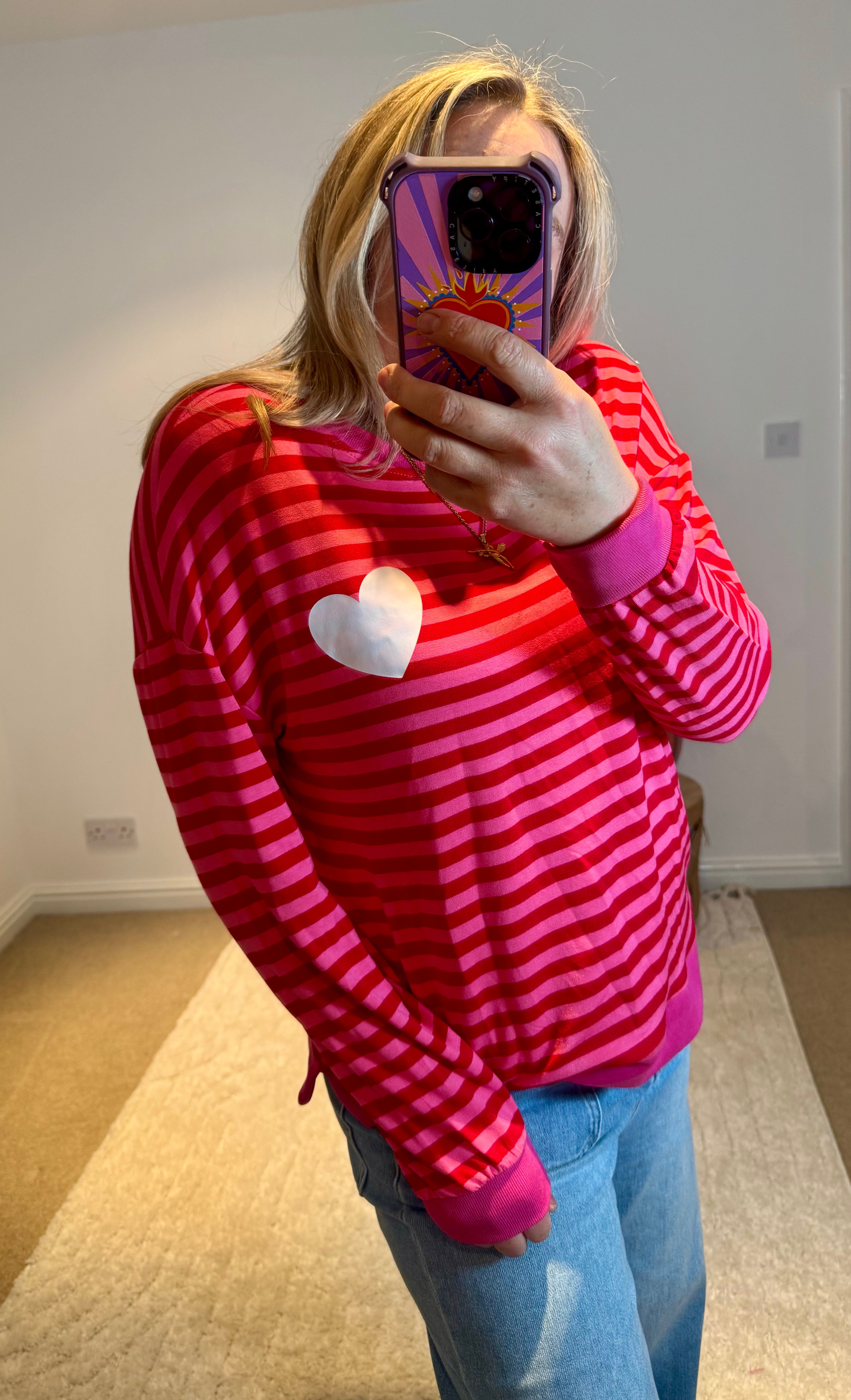 Heart Detail Stripe Sweatshirt | Red/Pink