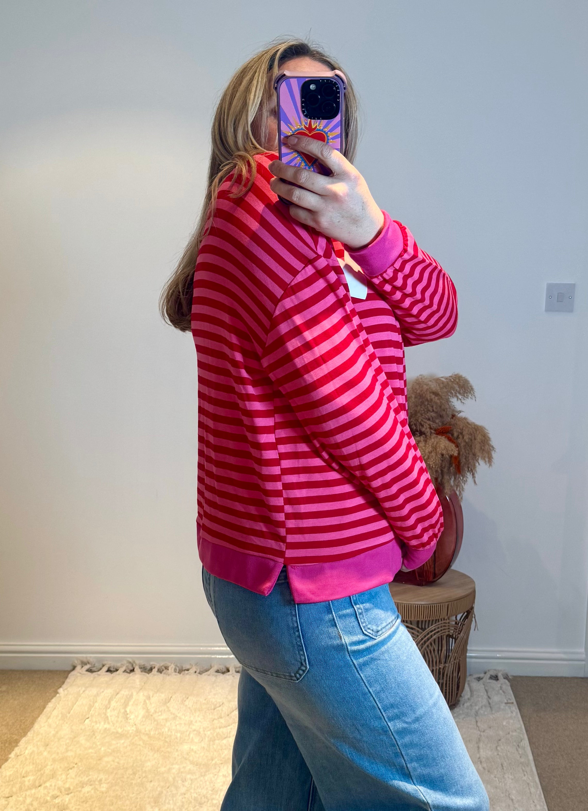 Heart Detail Stripe Sweatshirt | Red/Pink