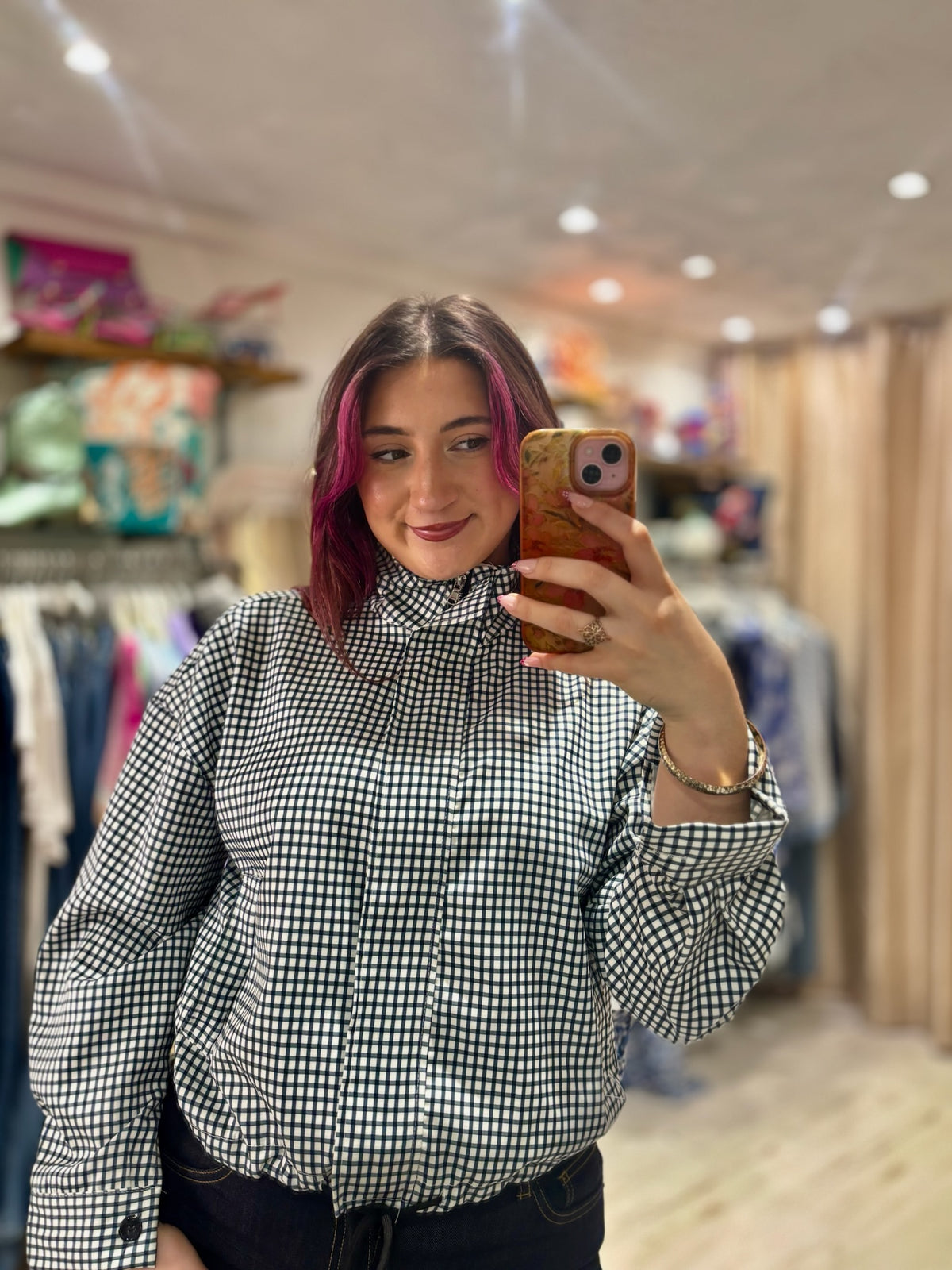 Checked Funnel Neck Lightweight Jacket | Navy