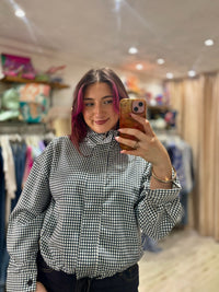 Checked Funnel Neck Lightweight Jacket | Navy