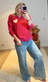Heart Detail Stripe Sweatshirt | Red/Pink