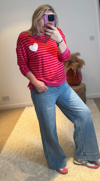 Heart Detail Stripe Sweatshirt | Red/Pink