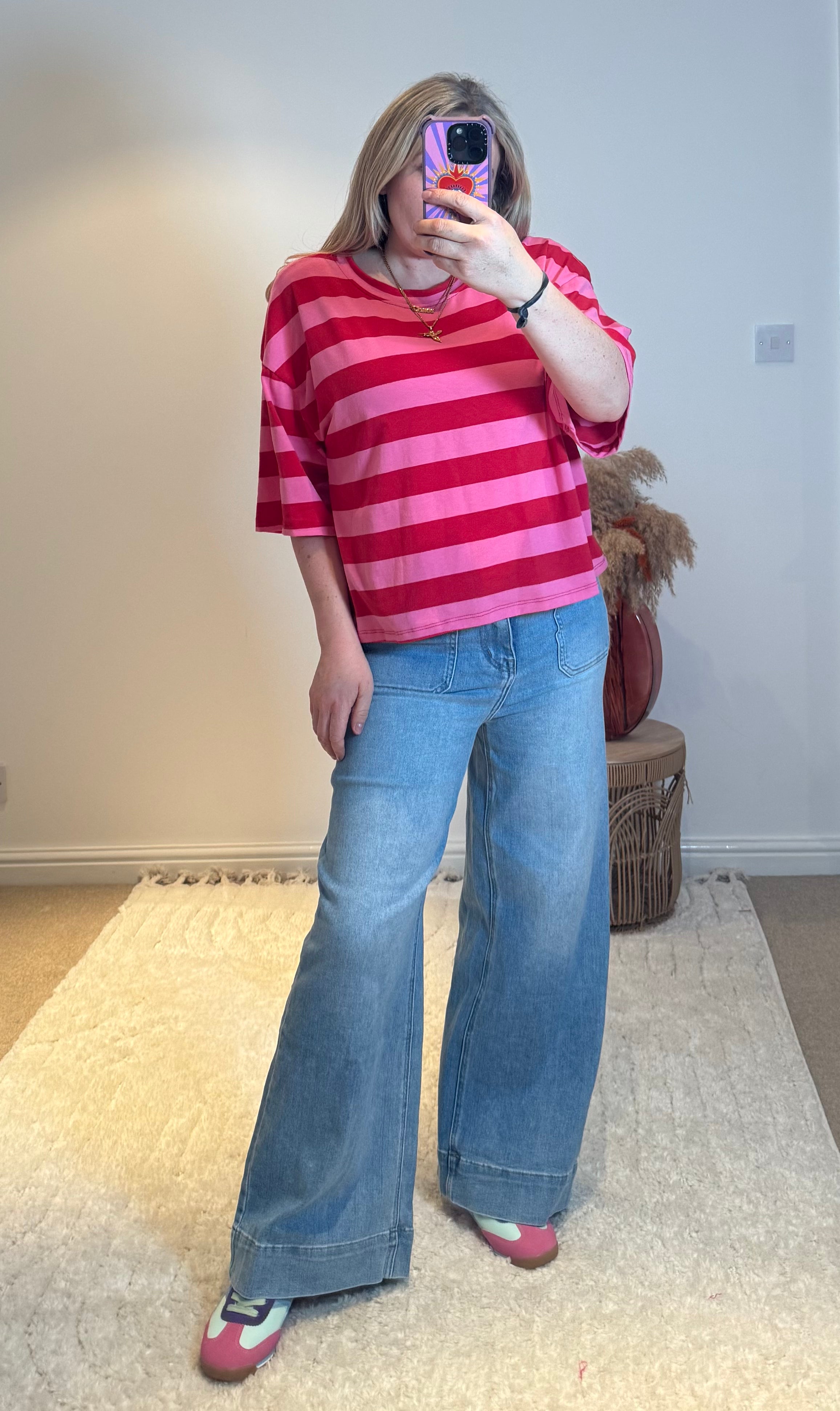 Cropped Relaxed Fit Stripe T-Shirt | Red/Pink