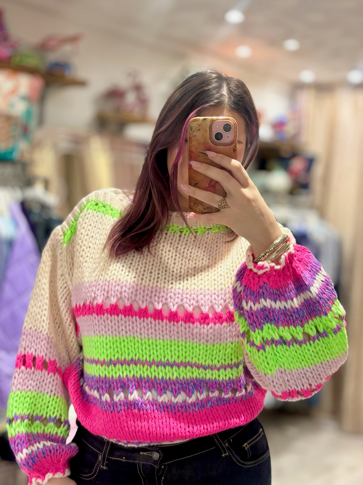 Bright Chunky Knit Striped Sweater | Cream/Lilac/Lime