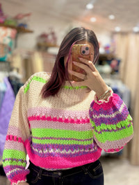 Bright Chunky Knit Striped Sweater | Cream/Lilac/Lime