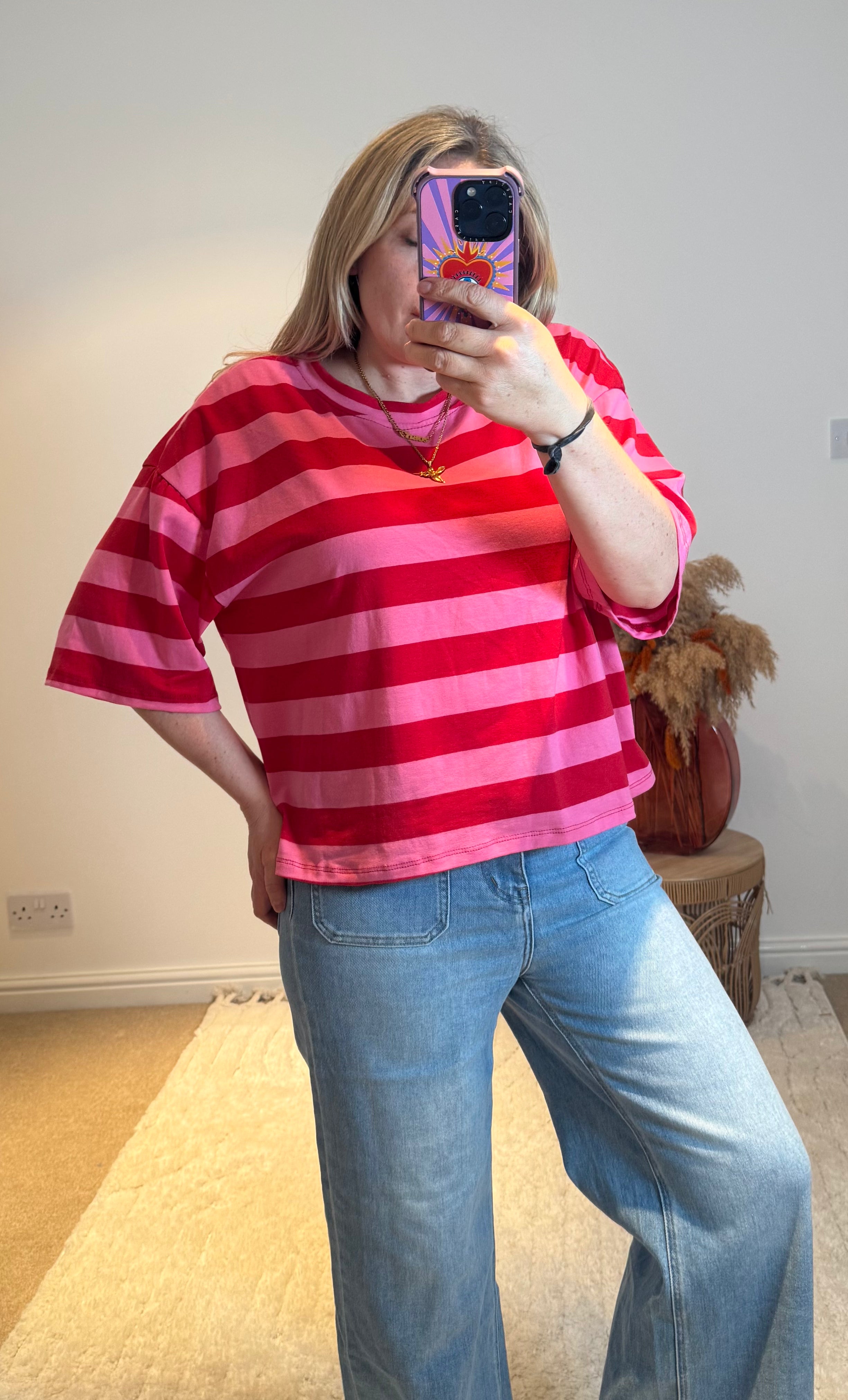 Cropped Relaxed Fit Stripe T-Shirt | Red/Pink