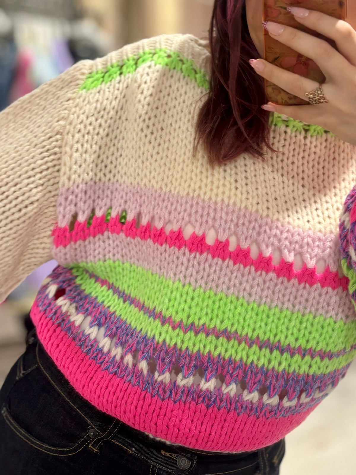 Bright Chunky Knit Striped Sweater | Cream/Lilac/Lime