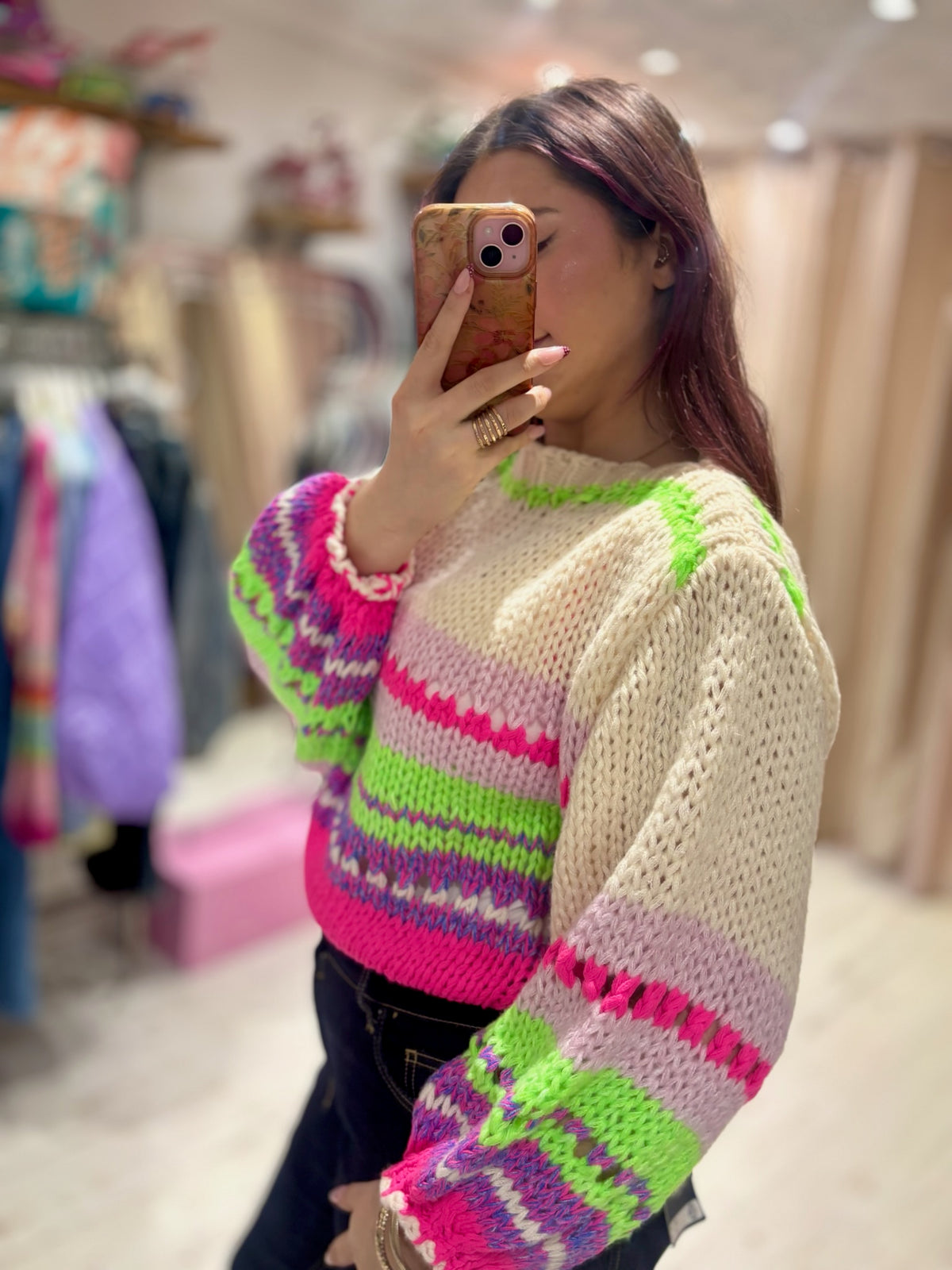 Bright Chunky Knit Striped Sweater | Cream/Lilac/Lime