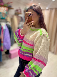 Bright Chunky Knit Striped Sweater | Cream/Lilac/Lime