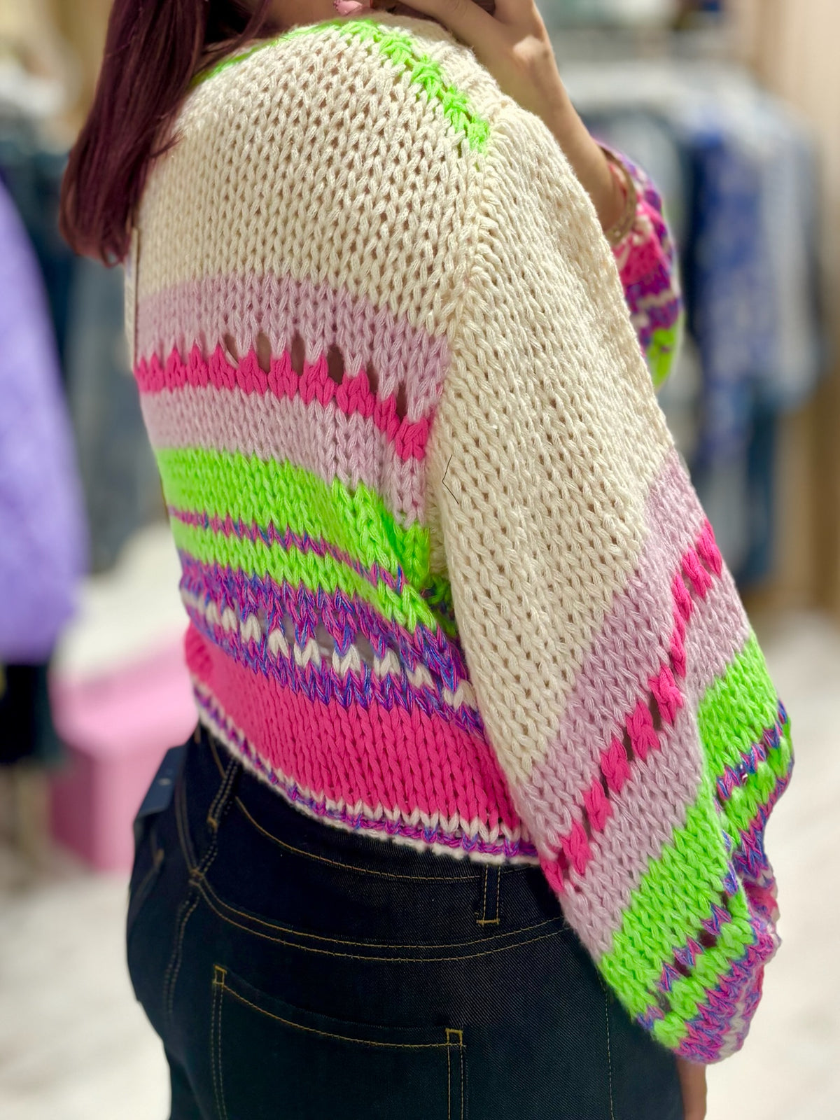 Bright Chunky Knit Striped Sweater | Cream/Lilac/Lime