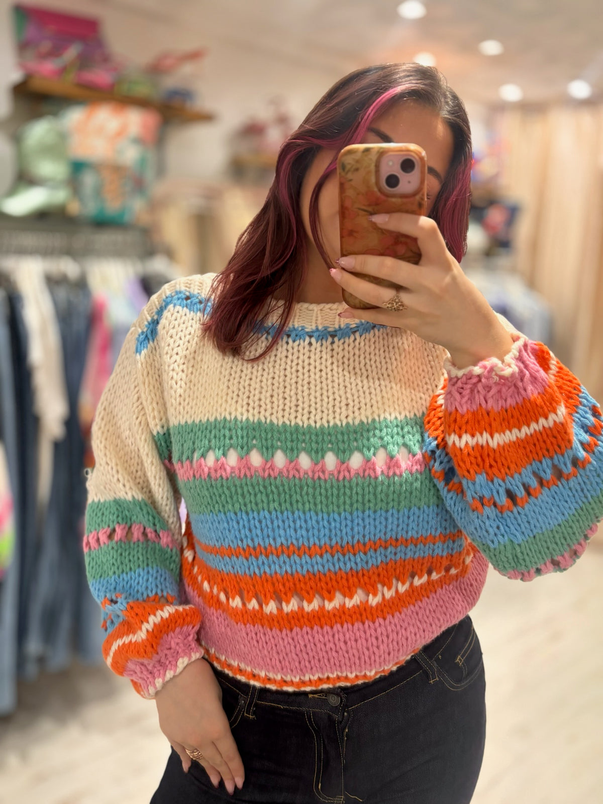 Bright Chunky Knit Striped Sweater | Cream/Green Multi