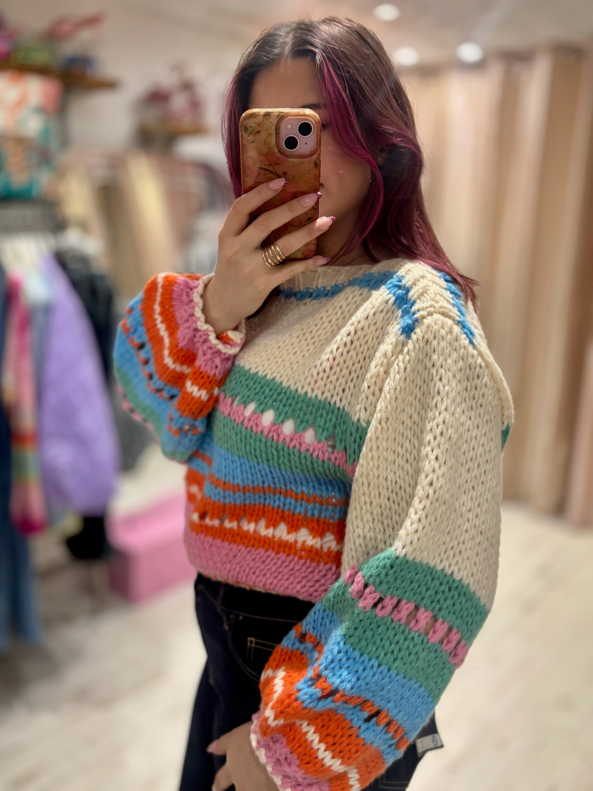 Bright Chunky Knit Striped Sweater | Cream/Green Multi