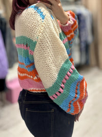Bright Chunky Knit Striped Sweater | Cream/Green Multi