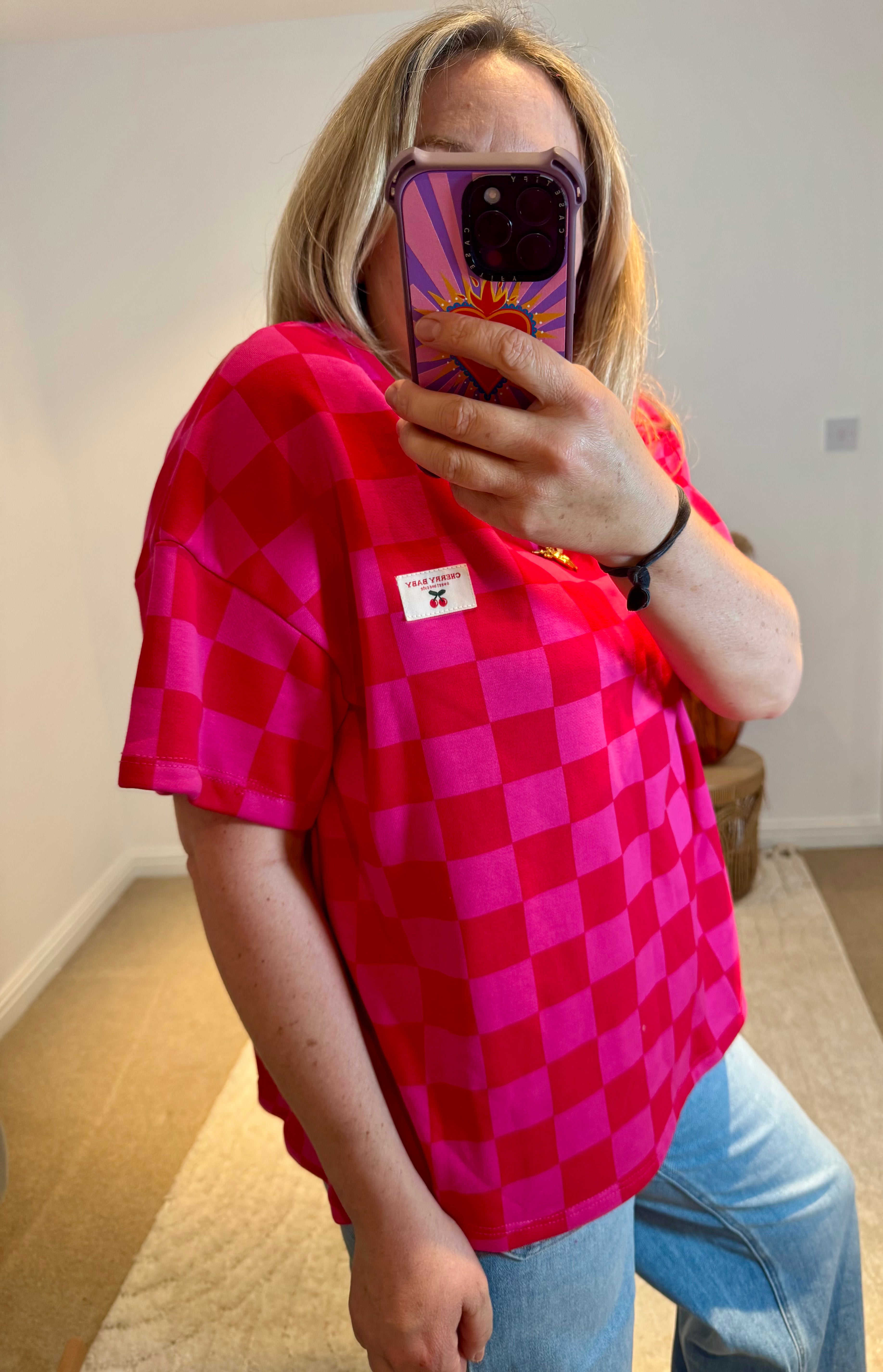 Checkerboard Short Sleeved Sweat | Red/Pink