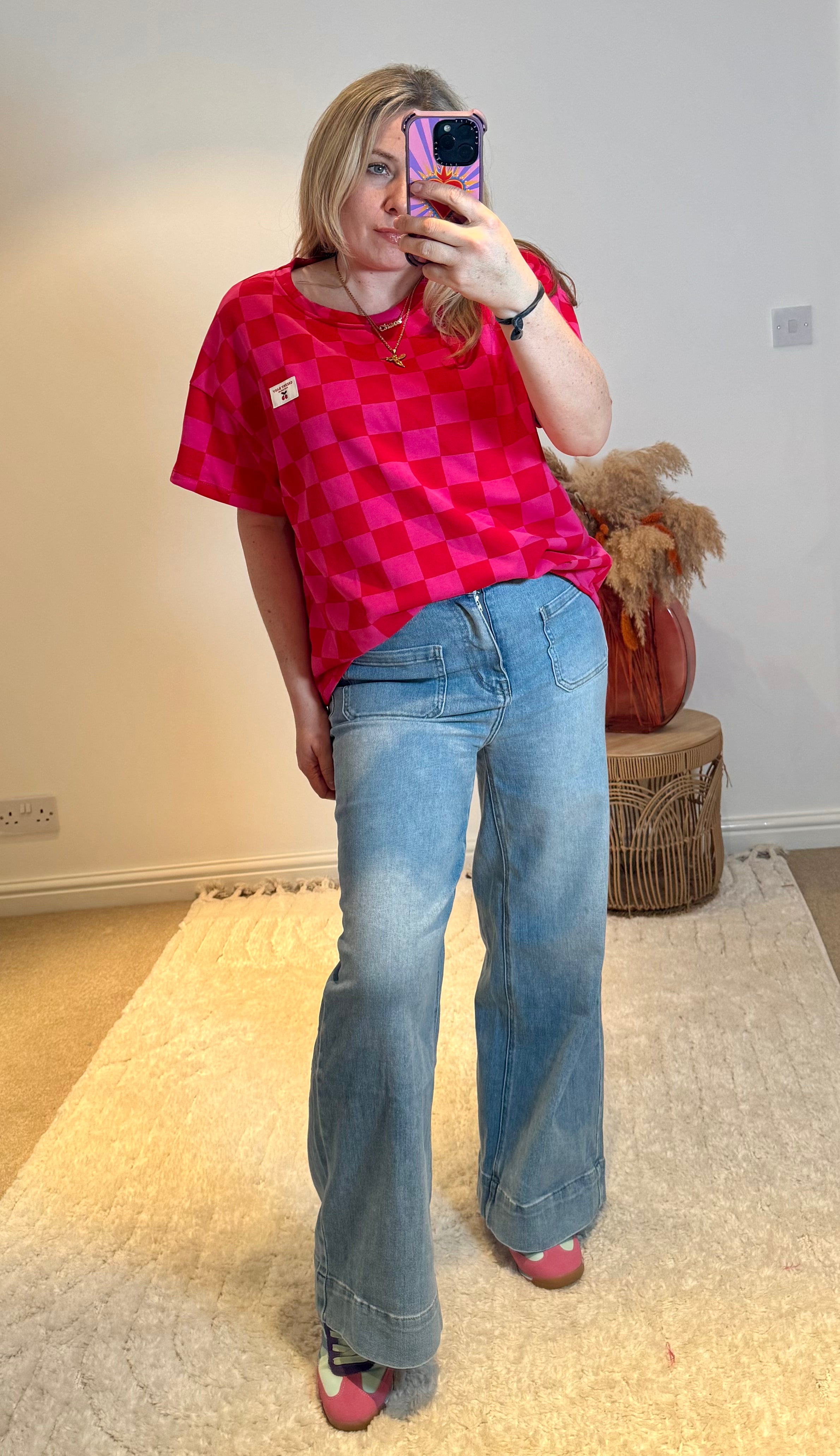 Checkerboard Short Sleeved Sweat | Red/Pink