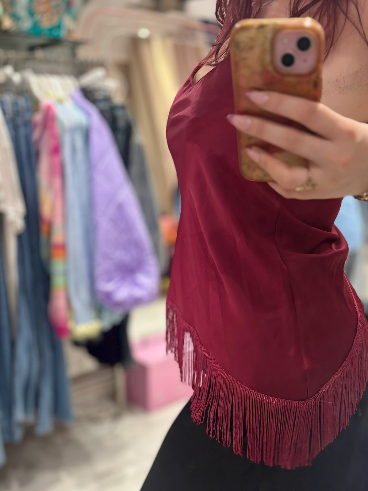 Fringed Asymmetric Hem Camisole | Wine