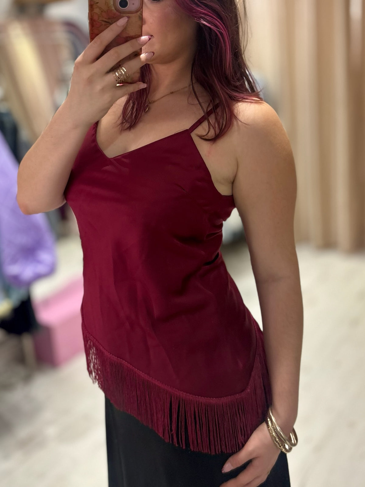 Fringed Asymmetric Hem Camisole | Wine