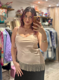 Fringed Asymmetric Hem Camisole | Beige
