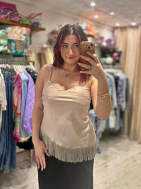 Fringed Asymmetric Hem Camisole | Beige