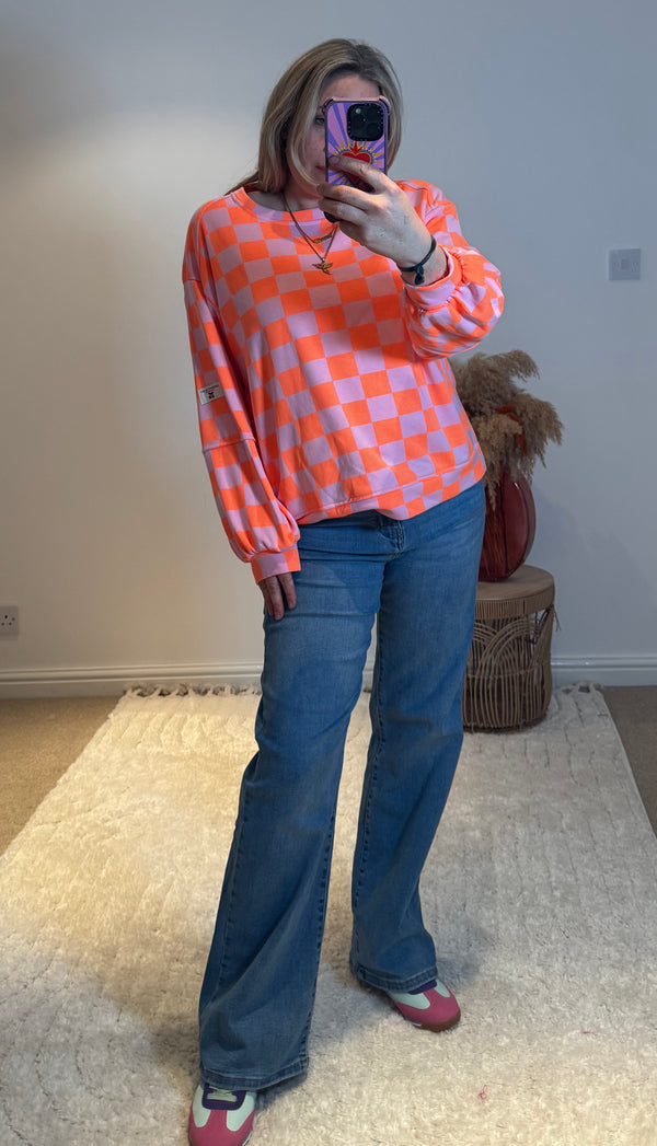 Checkerboard Relaxed Fit Sweatshirt | Orange/Pink