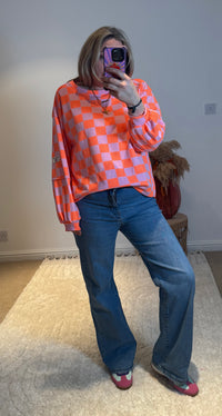 Checkerboard Relaxed Fit Sweatshirt | Orange/Pink