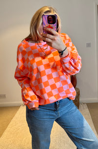 Checkerboard Relaxed Fit Sweatshirt | Orange/Pink