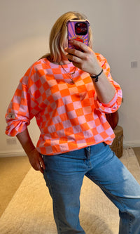 Checkerboard Relaxed Fit Sweatshirt | Orange/Pink