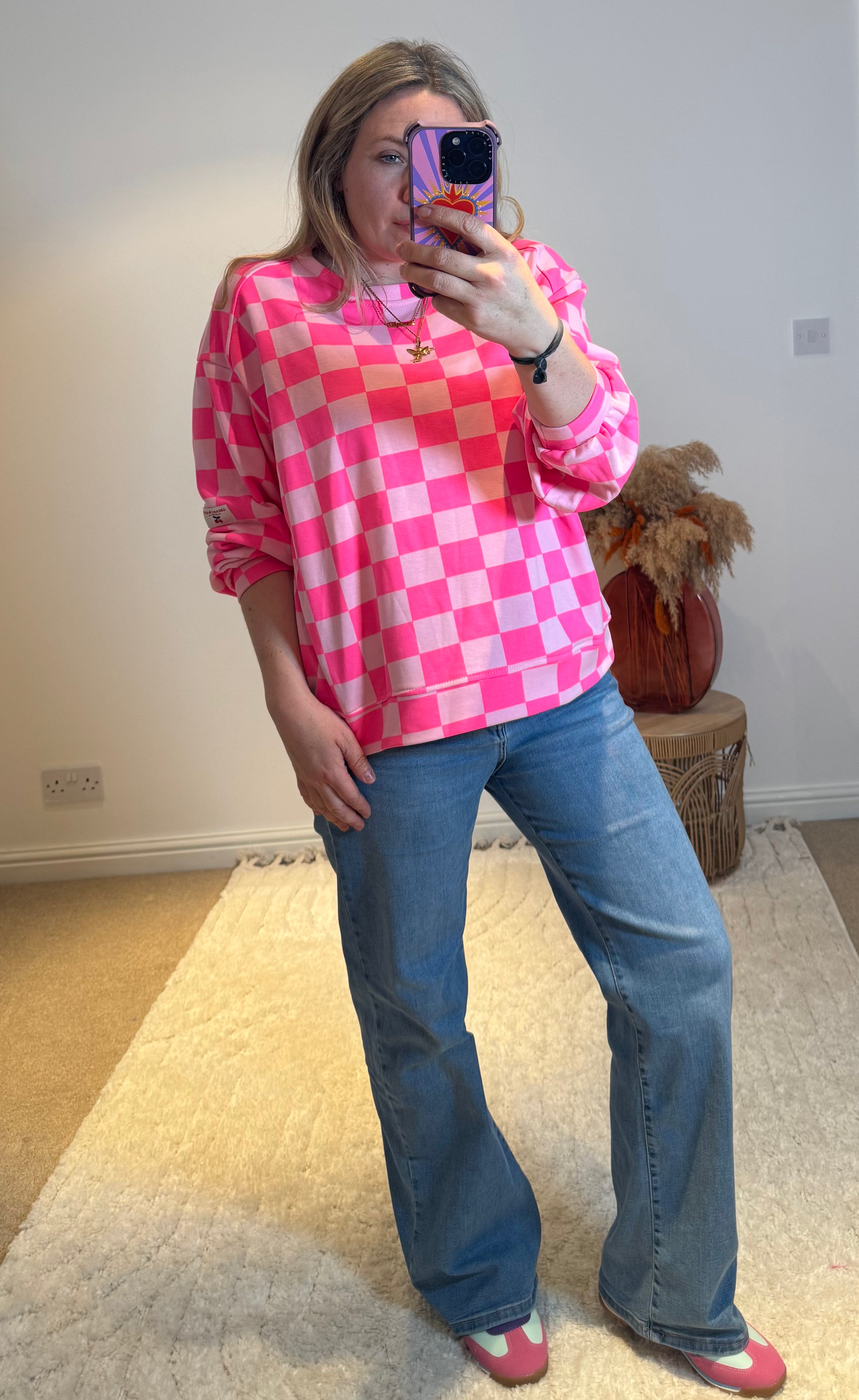 Checkerboard Relaxed Fit Sweatshirt | Bright Pink