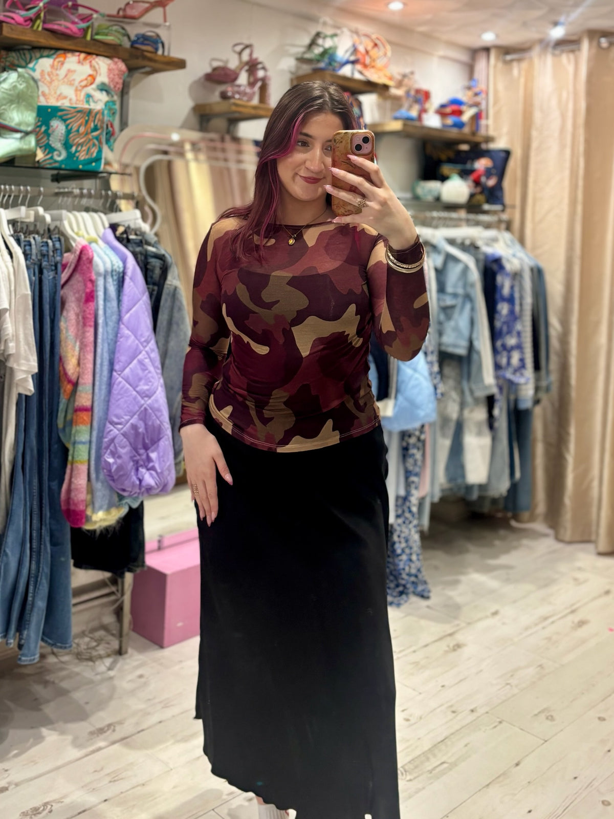 Camo Print Cashmere Blend Sheer Knit Top | Burgundy