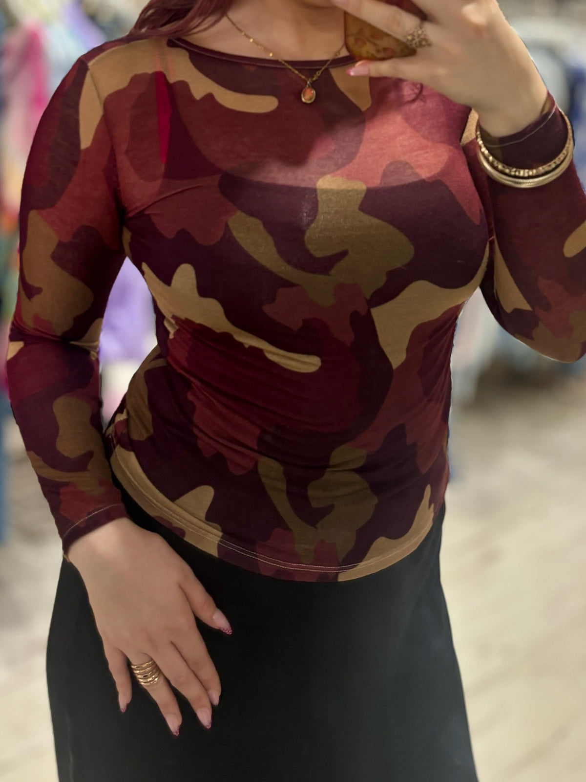 Camo Print Cashmere Blend Sheer Knit Top | Burgundy