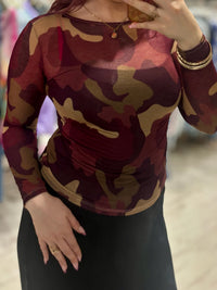 Camo Print Cashmere Blend Sheer Knit Top | Burgundy