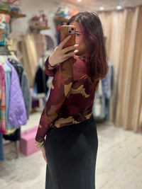 Camo Print Cashmere Blend Sheer Knit Top | Burgundy