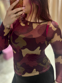 Camo Print Cashmere Blend Sheer Knit Top | Burgundy
