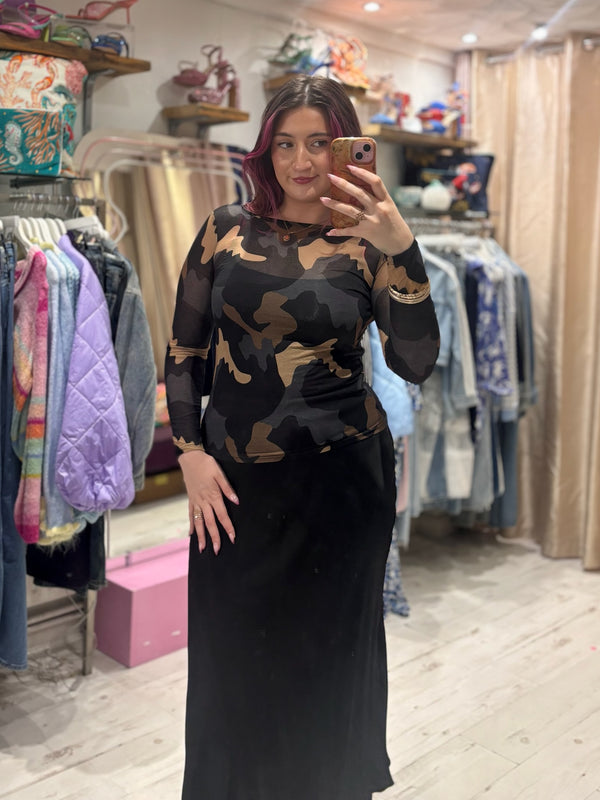 Camo Print Cashmere Blend Sheer Knit Top | Navy