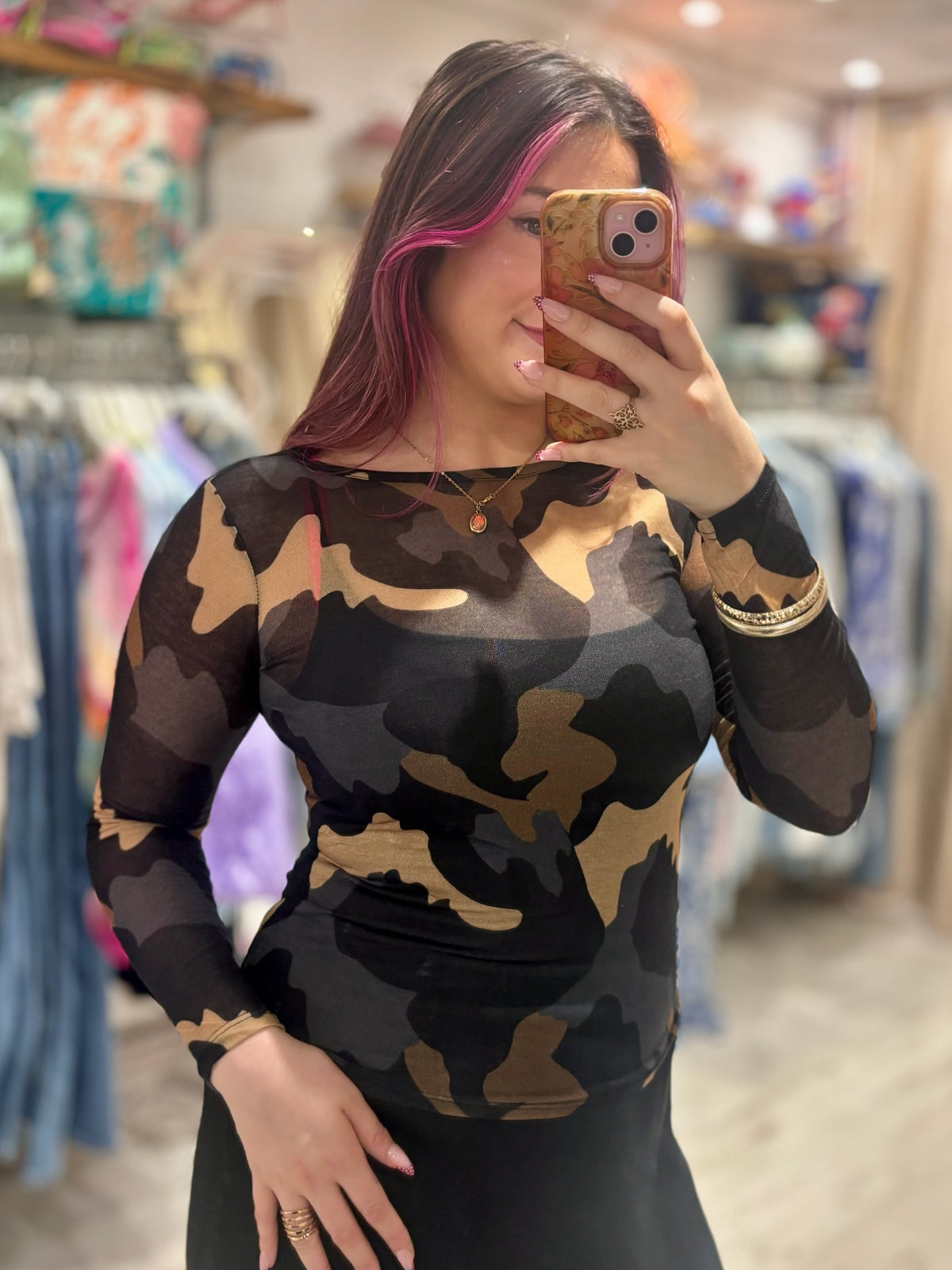 Camo Print Cashmere Blend Sheer Knit Top | Navy