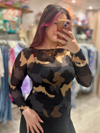Camo Print Cashmere Blend Sheer Knit Top | Navy