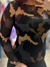 Camo Print Cashmere Blend Sheer Knit Top | Navy